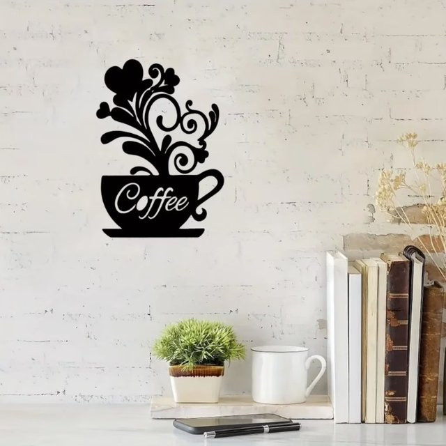 CIFBUY Wanddekoration aus Eisen mit Kaffeetassen-Motiv und floralem Design in Schwarz, B/H: 30,0 x 30,0 cm - Bild 1