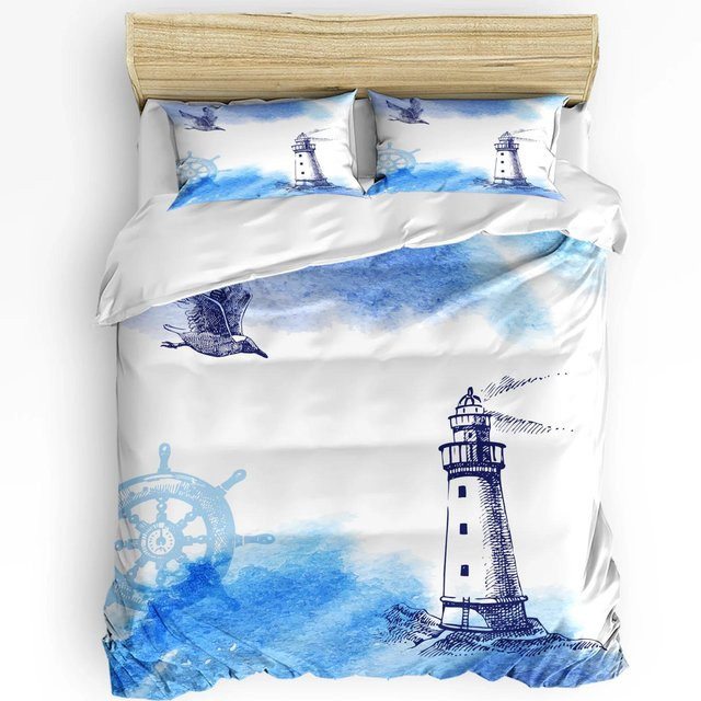 Nautisches Bettwäscheset Lodestar mit Leuchtturm, Anker und Ruder, 3-teilig, Blau, B/H: 140 x 210 cm - Bild 1