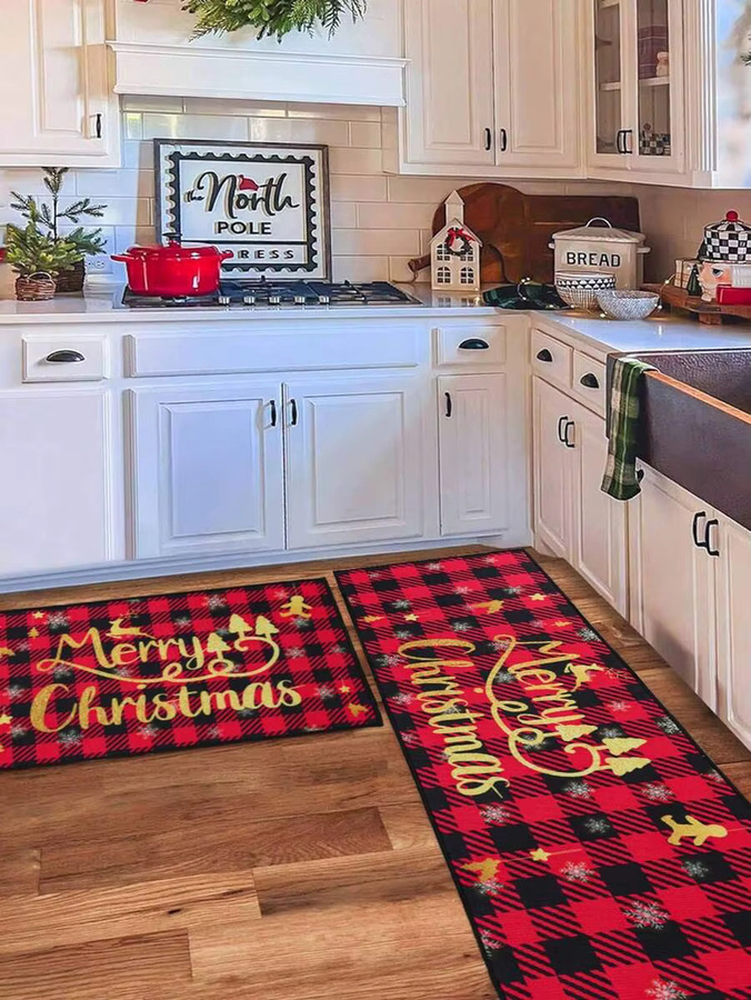 VIKAMA 2-teiliges Teppich-Set rot kariert für Küche und Flur, schmutzabweisend und pflegeleicht, Landhausstil - Bild 2