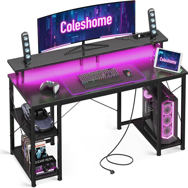 Coleshome Gaming-Schreibtisch mit LED, schwarzer Kohlefaser, mit 2 Steckdosen und 2 USB-Anschlüssen, Breite: 120 cm, Tiefe: 50 cm - Bild 1