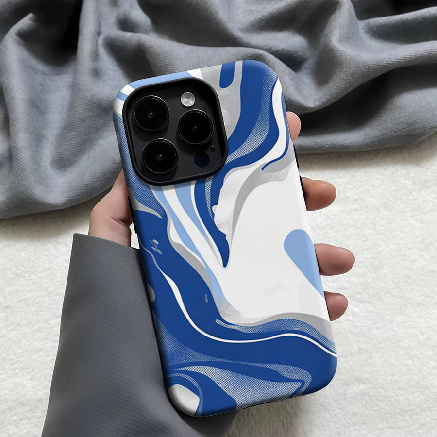 Casegame Matte MagSafe Bumper Hülle für iPhone 17 16 15 14 13 Pro Max Stoßfestes PC Cover Blau Silber Marmor Wirbel - Bild 2