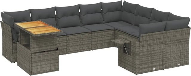 vidaXL 10-tlg. Garten-Sofagarnitur in L-Form aus Polyrattan und Akazienholz mit Kissen, Grau - Bild 1