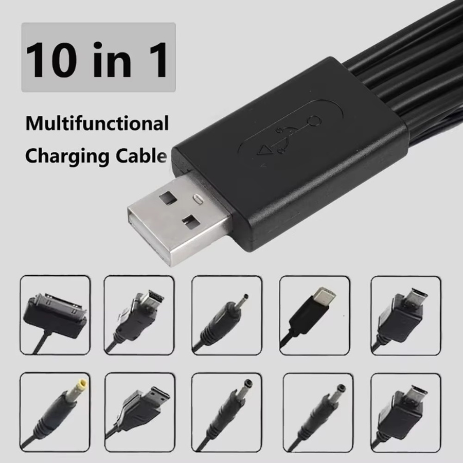10-in-1 Universelles Mehrkopf-Ladekabel mit USB-A Anschluss in Schwarz für Telefon, Kopfhörer, Lautsprecher und MP3 - Bild 3