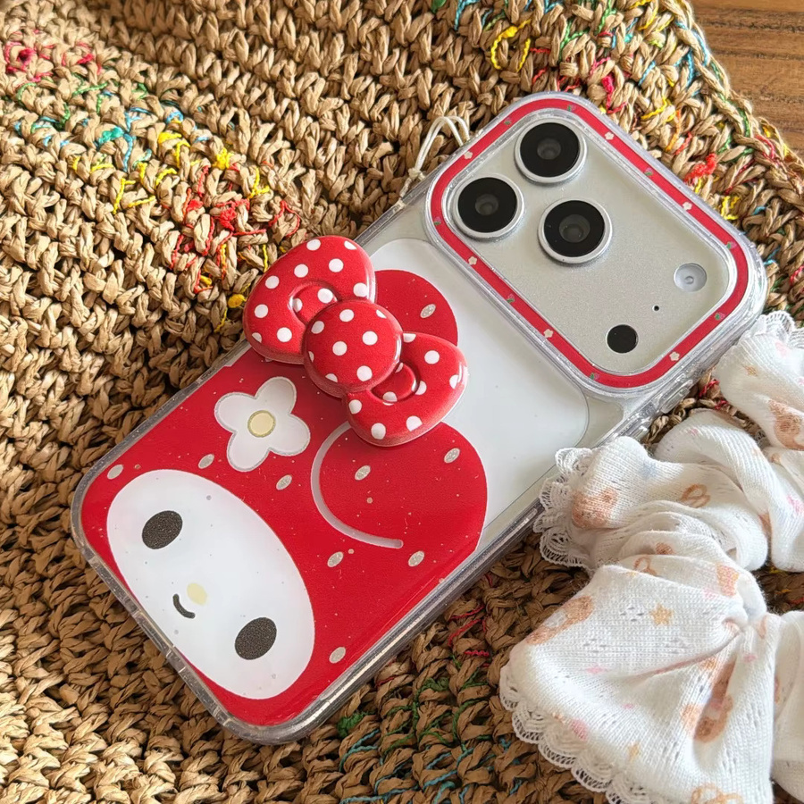 My Melody 3D Schleifenknoten Handyhülle für Apple iPhone 17 16 15 14 Pro Max 13, Stoßfeste TPU Schutzhülle mit Kette, Rot - Bild 4