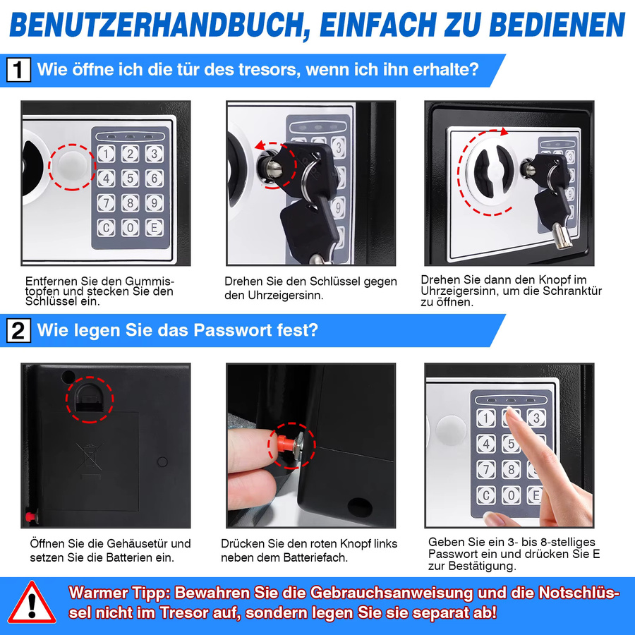 BRIEFNESS Feuerfester und einbruchsicherer Tresor aus verstärktem Stahl mit digitalem elektronischem Zahlenfeld und Sicherheitsschlüssel in Schwarz, 4,6 l oder 8,5 l für Heim und Büro zur Aufbewahrung von Schmuck und Bargeld - Bild 6