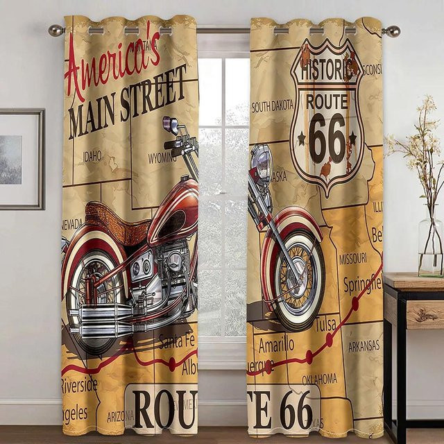Yiran Furniture Blackout Vorhang mit Retro Vintage Auto und Motorrad Motiv für Kinder, Mehrfarbig, Breite: 55 cm, Höhe: 120 cm - Bild 1