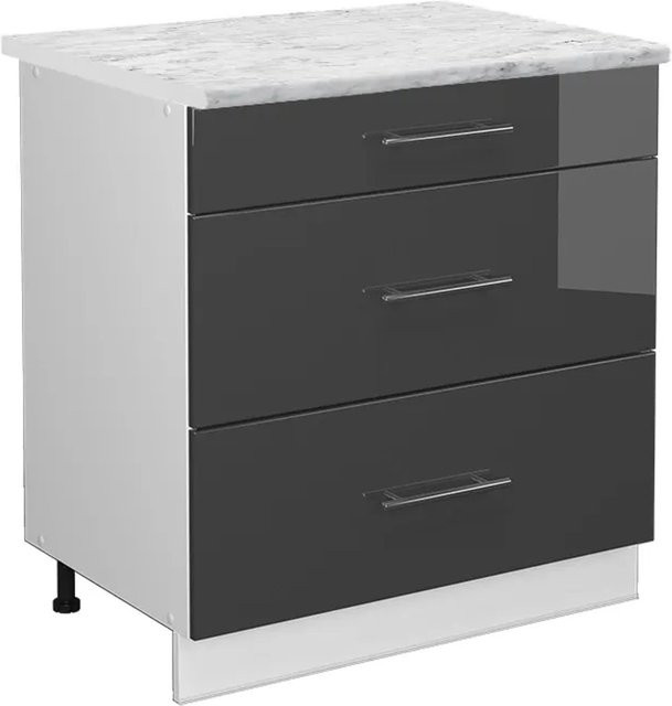 Vicco Küchenunterschrank Fame-Line in Anthrazit Hochglanz und Weiß mit 3 Schubladen und Marmor-Optik, Breite: 80 cm - Bild 1