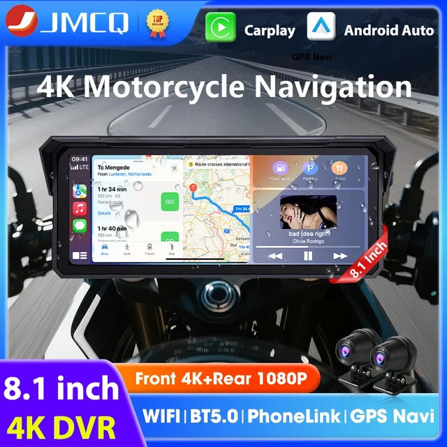 JMCQ Motorrad CarPlay DVR mit 8,1 Zoll Display, 4K UHD Dual Lens Kamera, GPS Navigation und Android Auto, IPX7 wasserdicht, Schwarz - Bild 1