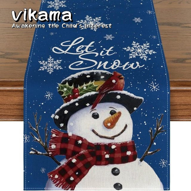 VIKAMA Weihnachts-Tischläufer aus Leinen mit Schneemann und Weihnachtsmann-Aufdruck, Rot und Blau, B/H: 90 x 33 cm - Bild 1