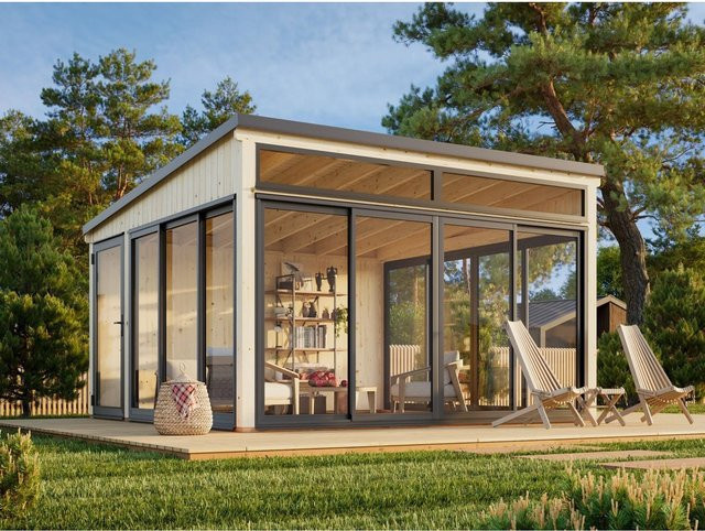 Palmako Gartenhaus Saga Slide Plus aus Fichtenholz mit Pultdach in Natur und Braun, B/T: 420 x 420 cm - Bild 1