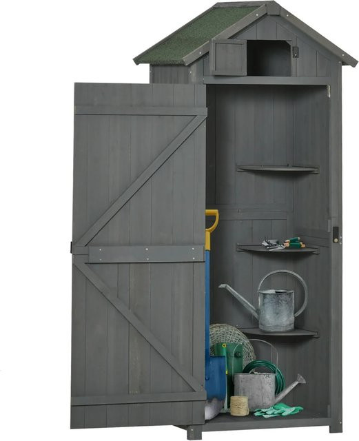Outsunny Gartenschrank aus Holz mit Fachböden und Asphaltdach in Grau, B/T/H: 77 x 54,2 x 179 cm - Bild 1