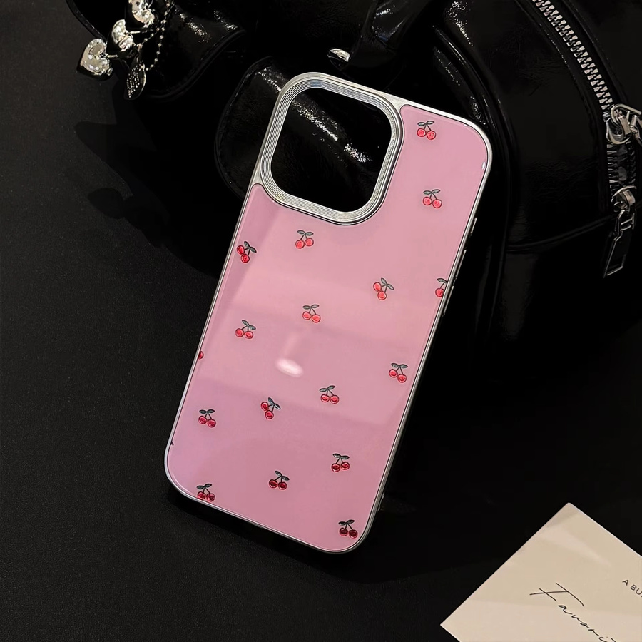 Potdemiel Handyhülle mit koreanischem Cartoon-Kirschmuster und silbernem Rand für iPhone 11 bis iPhone 17 Pro Max Plus, stoßfest, Farbe: Pink/Silber - Bild 6