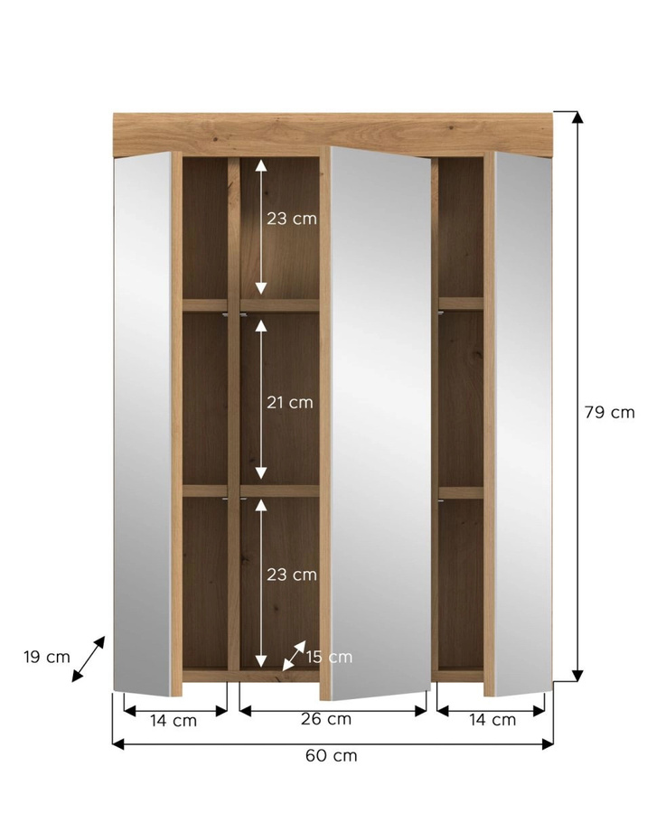 Spiegelschrank Shawn für das Badezimmer in Eiche, mit LED-Beleuchtung und Glasfront, B/H/T: 60 x 79 x 19 cm - Bild 5