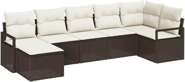 vidaXL Garten-Sofa-Set aus Polyrattan in Braun, 7-teiliges L-Shape Lounge-Set mit Ottomane und Polsterkissen für Terrasse und Garten - Bild 1