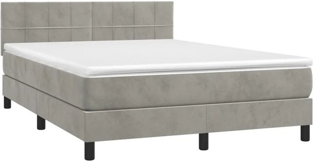 vidaXL Boxspringbett mit Matratze in Hellgrau, Hybridbett mit LED-Unterbettbeleuchtung und USB-Ladeport, Samt, B/T: 140 x 190 cm - Bild 1
