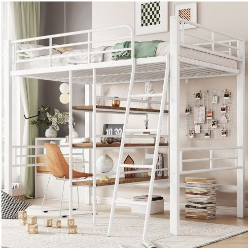 MUVOE Hochbett mit integriertem Schreibtisch und Beleuchtung, Weiß, B/T/H: 90 x 200 cm - Bild 1
