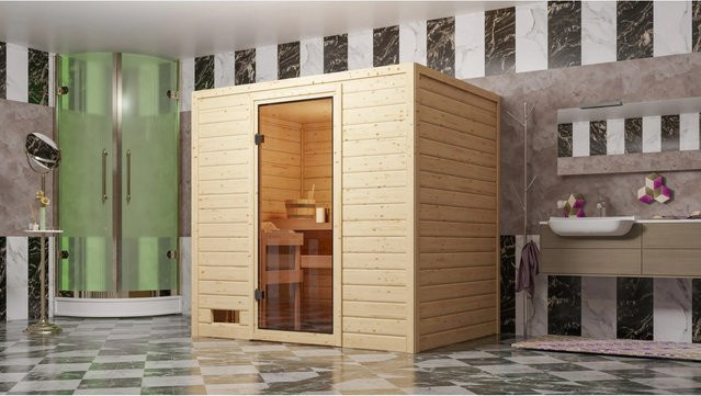 Woodfeeling Massivholzsauna Selena aus Fichte mit 9 kW Ofen, integrierter Steuerung und bronzierter Glastür, Farbe Braun/Bronze, B/T/H: 195 x 145 x 187 cm - Bild 1