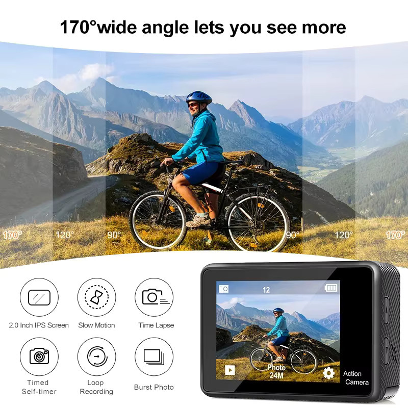 Regaton Action-Kamera 4K mit Dual-Screen-Display, 24MP, WiFi und 170 Grad Weitwinkelobjektiv, wasserdicht bis 30m, Schwarz - Bild 4
