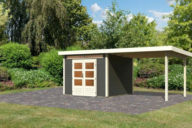Gartenhaus aus Holz KANDERN 6 in Terragrau mit Flachdach und Anbaudach, B/T: 274 x 274 cm, Wandstärke: 28 mm - Bild 1