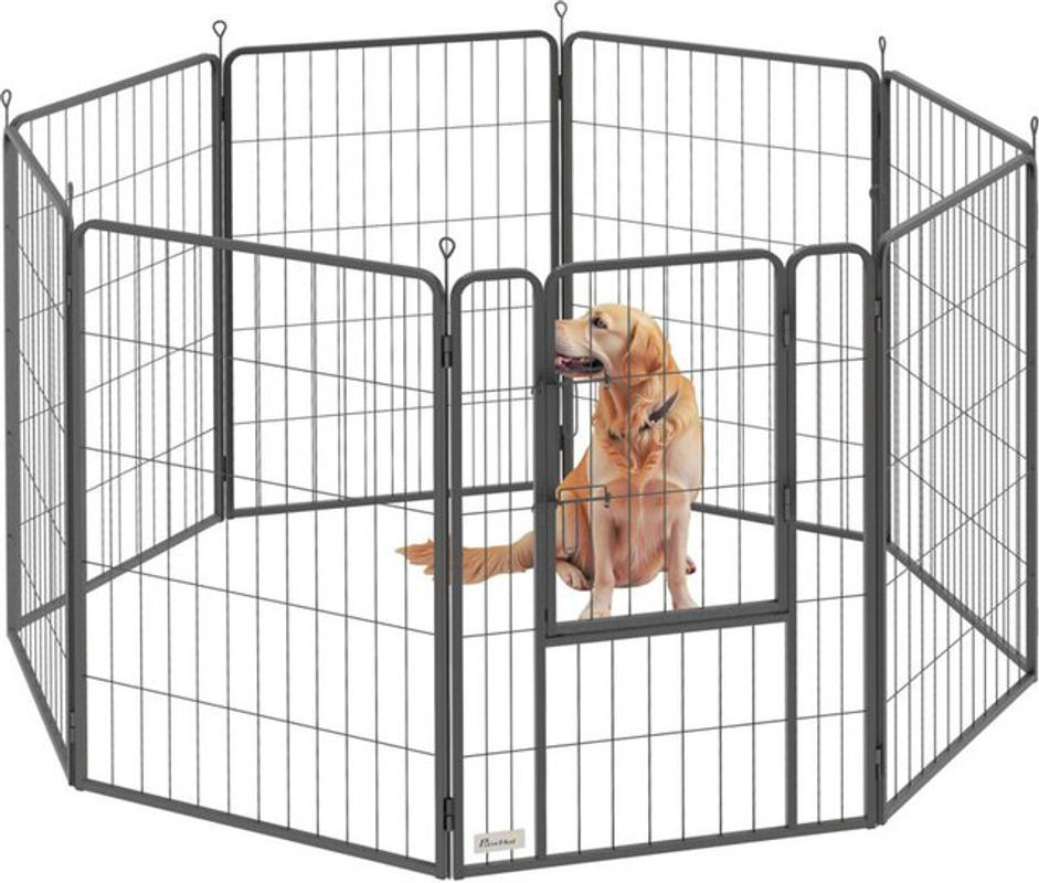 PawHut Welpenlaufstall aus Metall in Schwarz mit 8 Gittern und Schutzplane, faltbares Hundelaufstall Freilaufgehege, Höhe: 100 cm - Bild 1