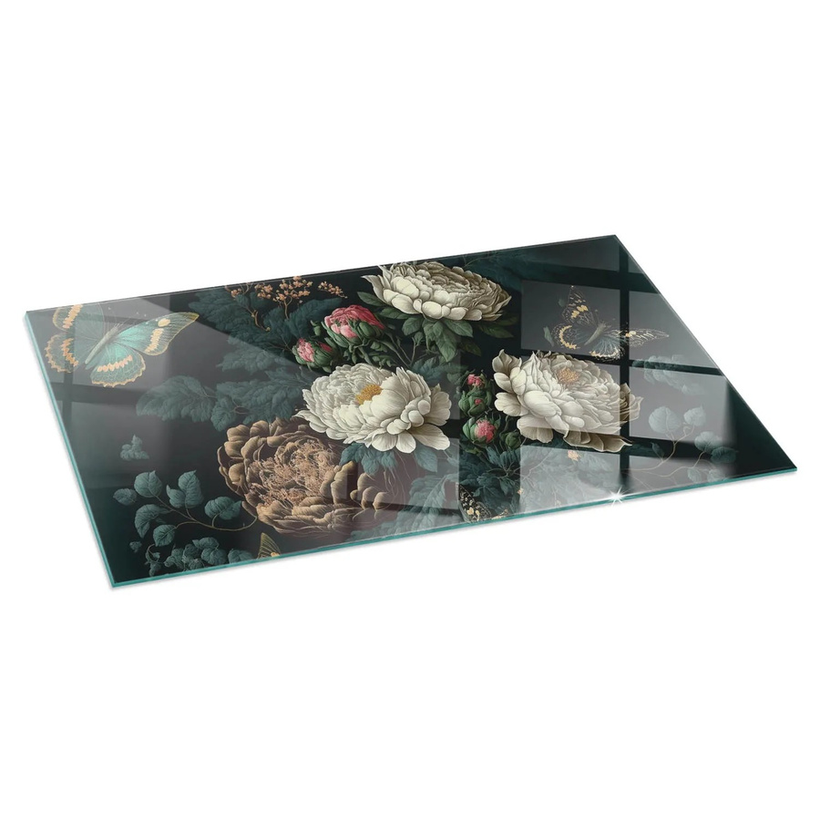 Tulup Glasplatte für Kamin mit Blumenmuster und Schmetterlingen, Grün, B: 140 cm, T: 70 cm - Bild 2