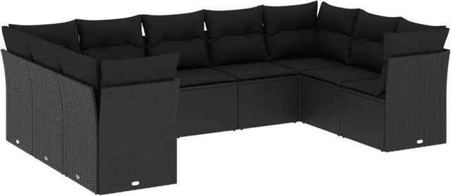 vidaXL 9-tlg. Garten-Sofagarnitur in U-Form aus schwarzem Poly-Rattan mit Kissen und Stauraum - Bild 1