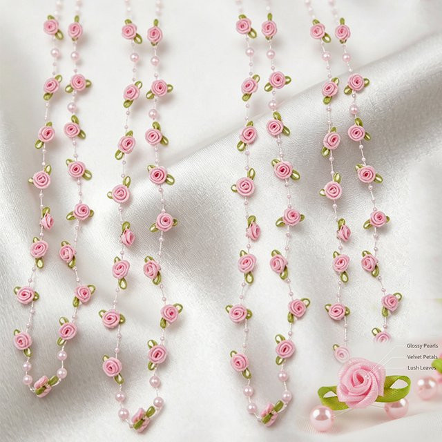 Rosa Rosen-Perlen-Blatt-Girlande aus Kunststoff für Hochzeit, Party und Heimdekoration, Länge: 2 m - Bild 1