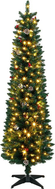 HOMCOM Weihnachtsbaum Grün, 180 cm Höhe, mit 170 bicolor-LEDs, 11 Beleuchtungsmodi, 351 PVC-Zweigen, Zapfen, roten Beeren und Fernbedienung - Bild 1