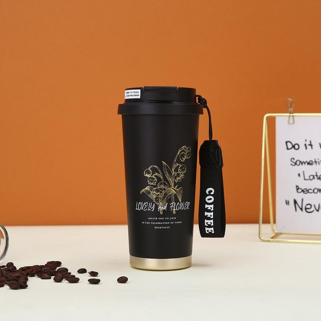 Yiran Furniture Thermosbecher aus Edelstahl mit Keramik-Innenbeschichtung, hochglänzend, tragbarer Doppelvakuum-Kaffeebecher mit Trageleine, 530 ml - Bild 1