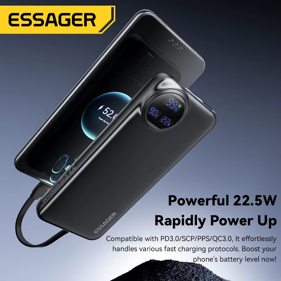 Essager Powerbank 30000 mAh mit 22,5 W PD Schnellladung, tragbares Ladegerät in Schwarz mit USB-C Anschluss - Bild 3