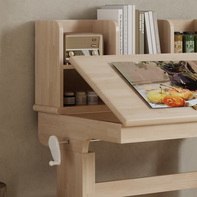 Svintora Kinderschreibtisch aus Massivholz in Beige mit höhenverstellbarer Tischplatte und Kurbelmechanismus, B/T/H: 92 x 60 x 89 cm - Bild 1