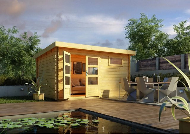 Karibu Holz-Gartenhaus Ängelholm in Natur mit Pultdach und modernem Design in Blockbohlenbauweise, B/T: 370 x 280 cm - Bild 1