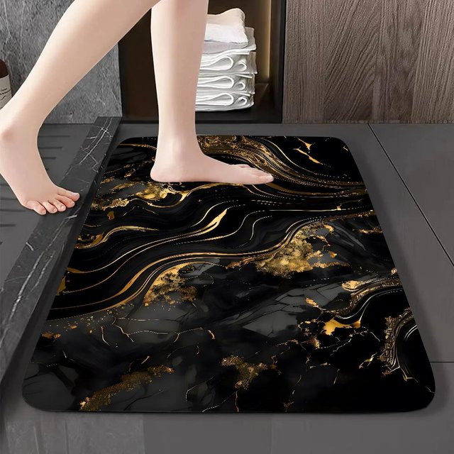 Karpetti Fußmatte Schwarzgold-Marmor aus Flanell, rutschfest und modern, B/T: 120 x 80 cm - Bild 1