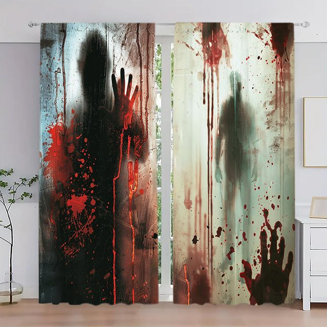 2er-Set Terror Schatten Handabdruck Fenster Vorhänge aus Polyester in Weiß, B: 52,5 cm, H: 116 cm - Bild 1