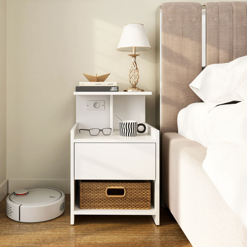 HOMCOM Nachttisch mit Ladestation und USB-Anschlüssen in Weiß mit Schublade und offenen Ablagen, B/T/H: 40 x 40 x 60 cm - Bild 2