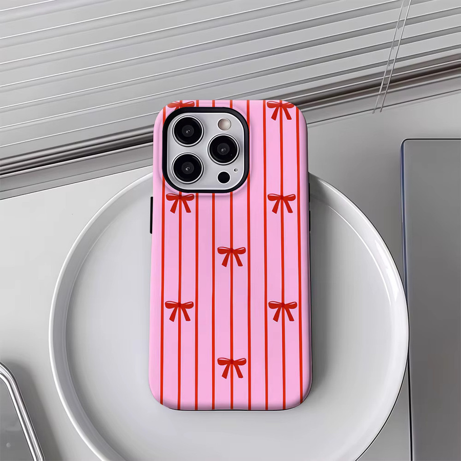 Handyhülle mit rosa und rotem Schleifenmuster für Apple iPhone 17 16 15 14 13 12 Pro Max Plus, doppelschichtige Rückabdeckung - Bild 2