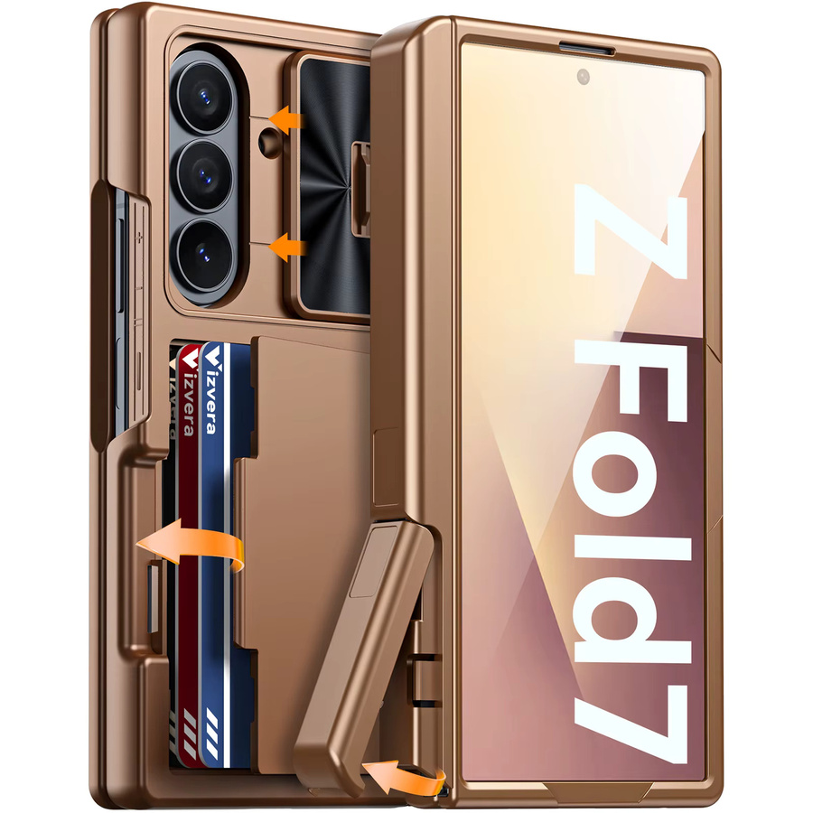 BANGZAO Handyhülle für Samsung Galaxy Z Fold 7 mit RFID-Kartenhalter, verstecktem Ständer und Kameraabdeckung, stoßfeste Silikon-Wallet-Hülle in Gold - Bild 6