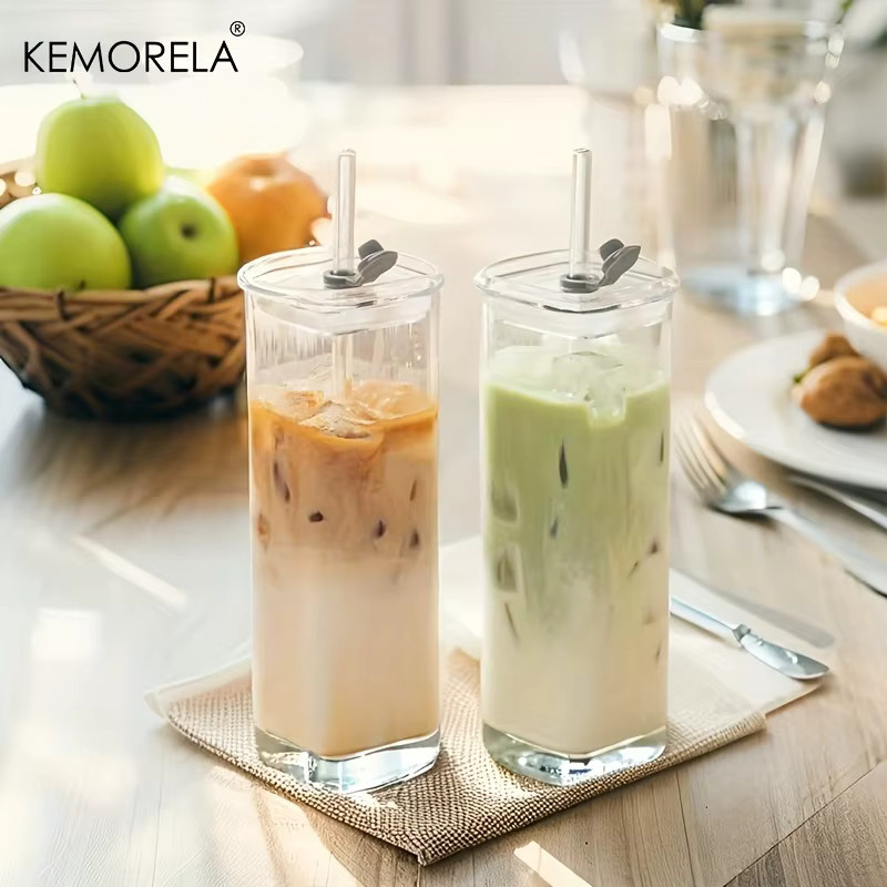 KEMORELA Quadratische Tumbler-Gläser aus Glas, transparente Highball- und Cocktailgläser inklusive Strohhalmen für Eiskaffee, Saft oder Milch, Farbe: Transparent - Bild 2