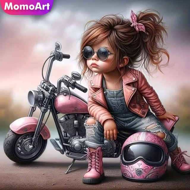 Momoart Diamant-Mosaik DIY Mädchenporträt mit Motorrad als Kreuzstich-Set zur Dekoration, Mehrfarbig, B/H: 20 x 20 cm - Bild 1