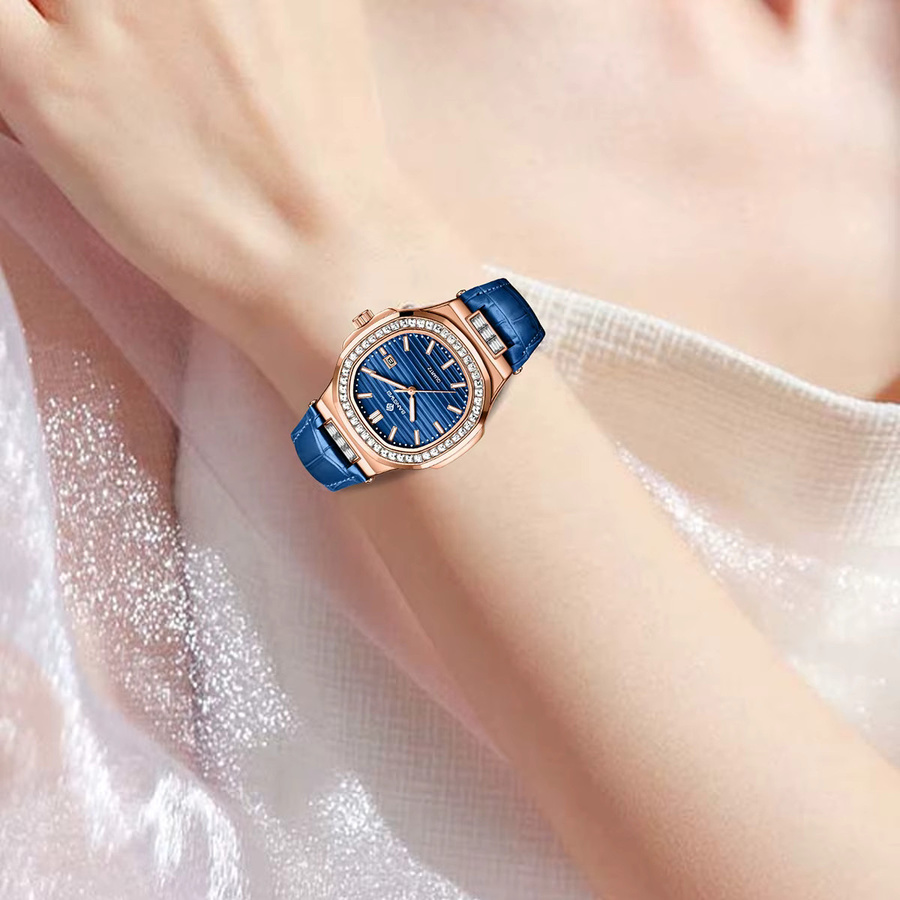 BANGWEI Chronograph Armbanduhr, Leder, Quarz, Eckig, Damen, Blau, Roségold - Bild 3