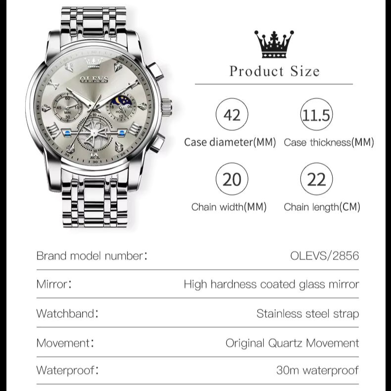 OLEVS Armbanduhr Edelstahl, Mondphase, Silber, Herren - Bild 6