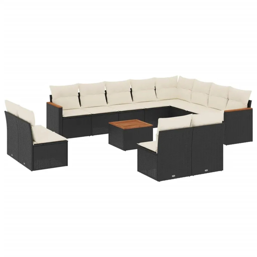 vidaXL 13-tlg. Garten-Sofagarnitur aus Poly-Rattan und Akazienholz in Schwarz mit Kissen - Bild 2