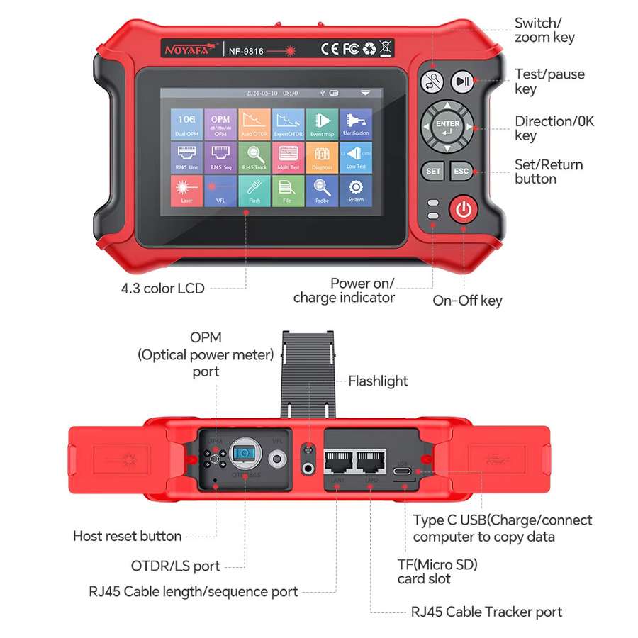 NOYAFA OTDR NF-9816 Optisches Faser-Reflektometer 1310/1550nm mit 10G Dual OPM, OLS und VFL in Rot - Bild 6