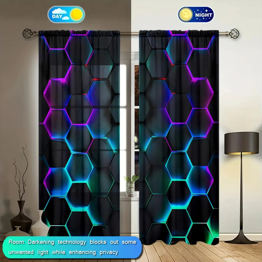 VOZMIO 2er-Set moderne Vorhänge mit sechseckigem Kunstdruck, blickdicht, Fensterbehandlung mit Stangentaschen für Wohnzimmer, Schlafzimmer und Büro - Bild 2