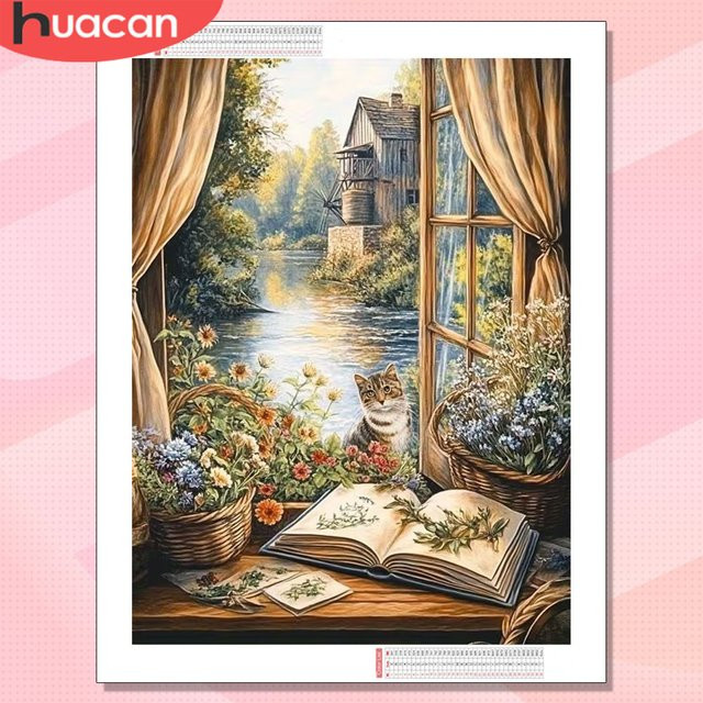 HUACAN Diamantmalerei Set Haus Landschaft mit Katze und Buch, Rundes Perlen Kunst-Set in Multicolour, B: 20 cm, H: 20 cm - Bild 1