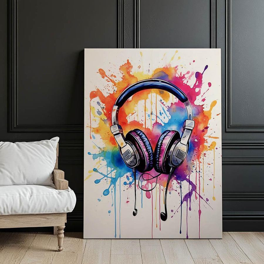 Musik der Farben: Kopfhörer Kunstdruck in Aquarelltechnik, Multicolor, B/H: 30 x 40 cm, mit hellem Eichenholzrahmen und mattem Papier - Bild 3
