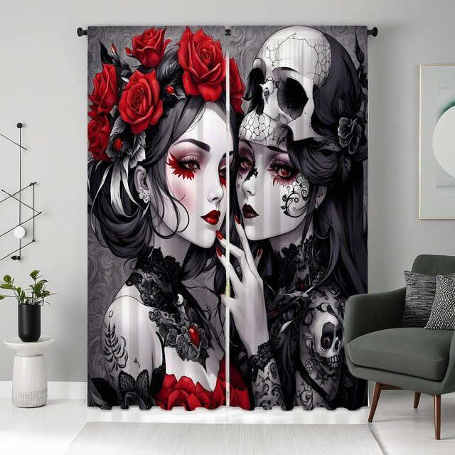 2er-Set Ghost Red Eye Skull Dekovorhang mit schwarzer Krawatte, digital bedruckt, Farbe: Schwarz, B: 132 cm, H: 160 cm - Bild 1