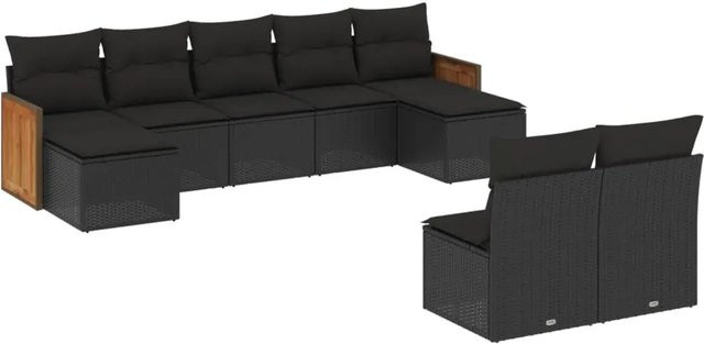 vidaXL 9-teilige Garten-Sofagarnitur in L-Form aus Poly-Rattan und Akazienholz mit Kissen, Schwarz - Bild 1