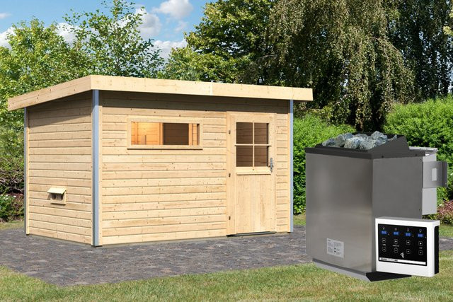 Saunahaus SKROLLAN mit Vorraum, Naturbelassen, inkl. 9.0 kW BioKombiofen und Steuergerät, ISOGlas Klarglas classic, B/T/H: 337 x 196 cm - Bild 1