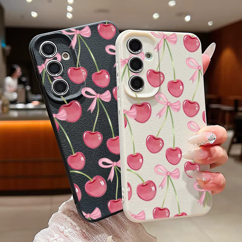 MOESOE Handyhülle mit Schleifen- und Kirschmuster für Samsung Galaxy S26 S25 S24 S23 Ultra S22 Plus FE Edge, Leder-Textur, weiche TPU-Schutzhülle, Pink/Multicolor - Bild 2